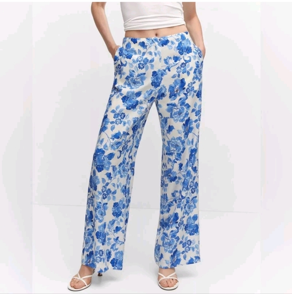 Mango MNG size M Floral Wide Palazzo Pants Semi-Sheer